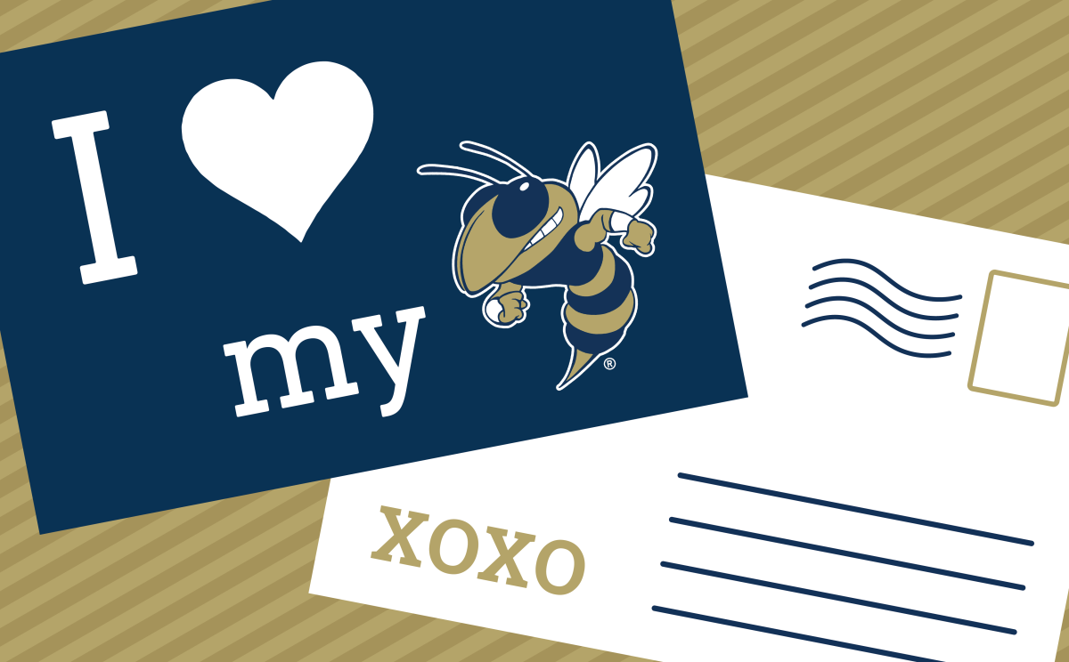 Graphic of a postcard front and back. The front reads I (heart icon) my (Buzz graphic).